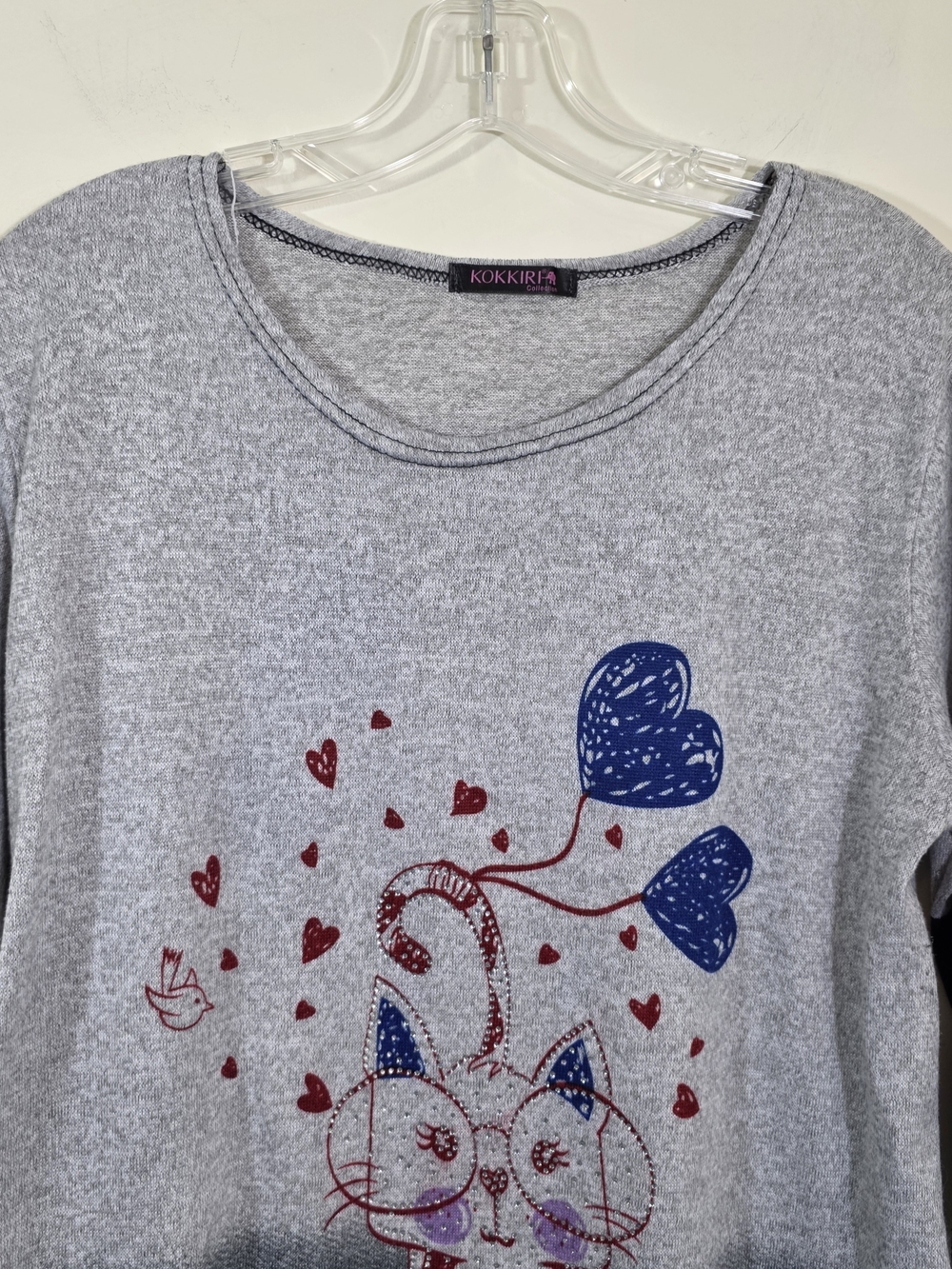 Kokirika Gray Ombre Cat Rhinstone Graphic Pullover With Scrunch Sides Size Large - Picture 6 of 15